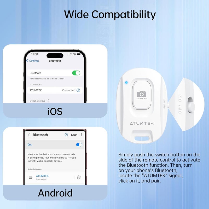 ATUMTEK Camera Remote Shutter for iPhone and Android Smartphones (2 Pack), Wireless Phone Remote Control Selfie Button for Photos and Videos (Bluetooth 5.2), Wrist Strap Included, White - Image 3